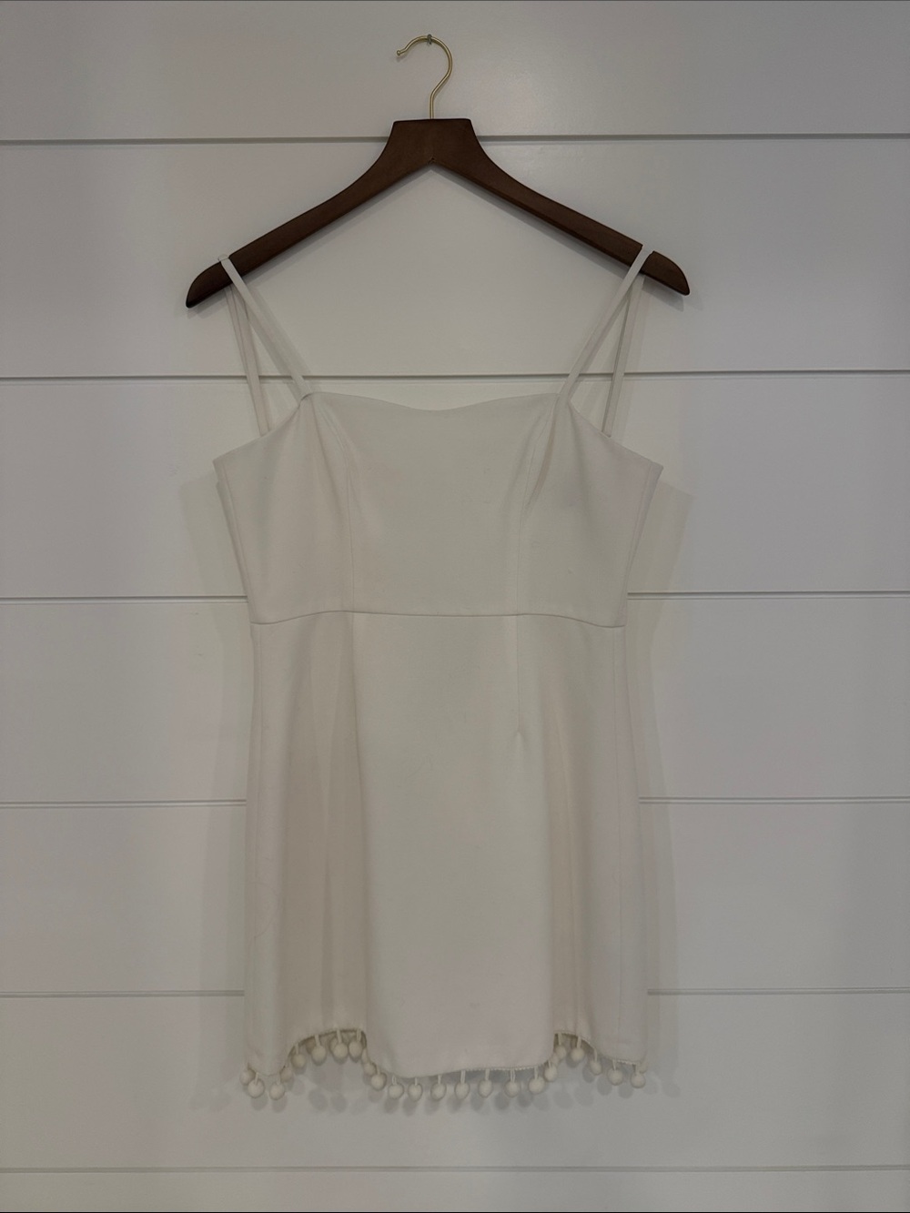 French Connection Cream Spaghetti Strap Mini Dress with Pom Hem